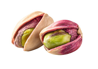Two pistachios, shelled and opened, display the inside nut and its shell.  The shells are light beige and have delicate,  thin lines.  