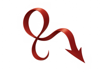 Red curved ribbon arrow pointing down, symbolizing decrease, decline, falling prices, or negative trends