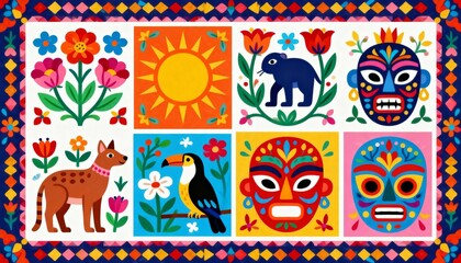 Fototapeta premium Colorful folk art illustration with animal motifs, masks, flowers, and geometric patterns 