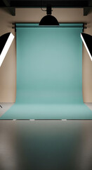 Empty professional photo studio setup with a light blue seamless paper backdrop and lighting equipment.
