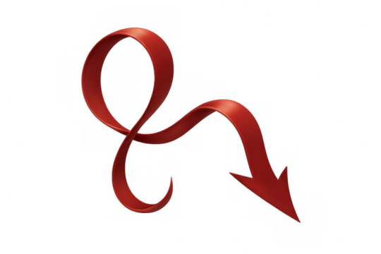 Red curved ribbon arrow pointing down, symbolizing decrease, decline, falling prices, or negative trends