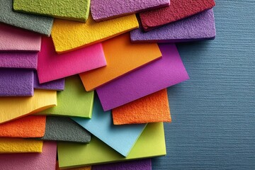Fototapeta premium Bright colorful foam sheets stacked on a textured blue surface