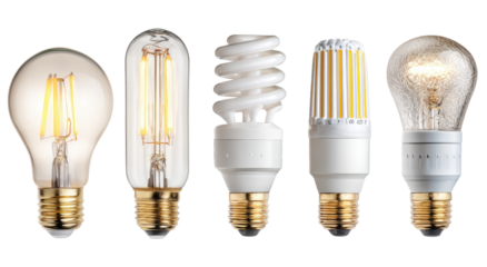 Five LED light bulbs in various shapes and styles