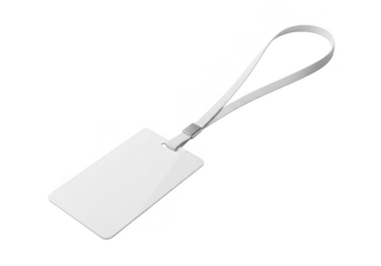 Blank white rectangular luggage tag with a white loop strap isolated on transparent background