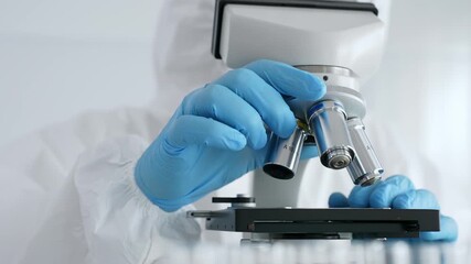 Scientific researcher wearing blue protective gloves fine tuning microscope lenses during medical laboratory investigation. Medicine, healthcare and science concept