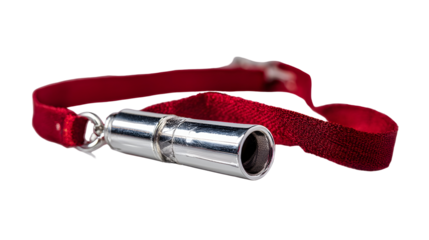 Sleek chrome whistle with red fabric strap for sporting events and training