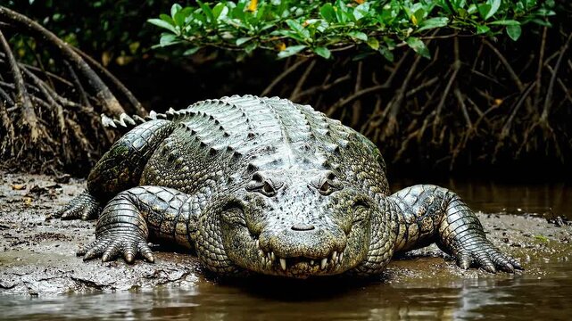 A large crocodile resting in muddy waters near the forest