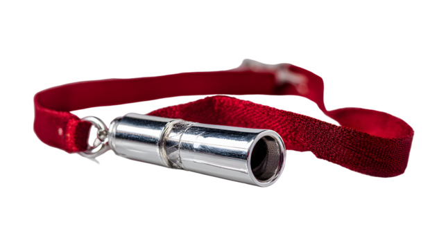 Sleek chrome whistle with red fabric strap for sporting events and training