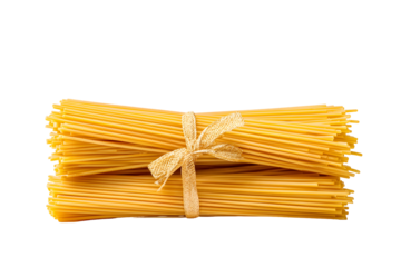 Neatly tied stack of uncooked italian spaghetti with gold ribbon for culinary themes