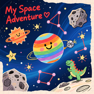 Art illustration: cute children's space drawing with the text "My Space Adventures"