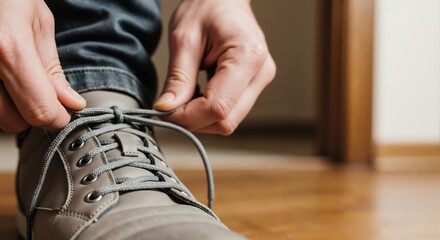 Man tying the shoelaces of his gray shoe in a close-up shot. Getting ready for the day and daily routine concept