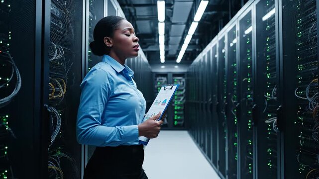 A focused woman in a blue shirt examines a clipboard with charts in a brightly lit server room filled with racks of equipment