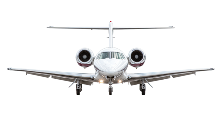 Front view of a small, white jet aircraft.  The plane is angled slightly forward,  featuring two engines and a prominent horizontal stabilizer.
