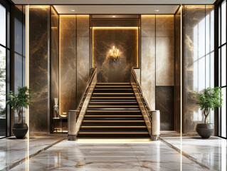 Luxurious marble staircase in elegant lobby with warm lighting and modern decor, featuring potted plants and chandelier, creating sophisticated ambiance