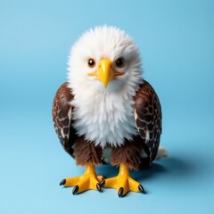 Obraz premium Baby bald eagle up close, set against a blue background, showcasing white head plumage and focused gaze.