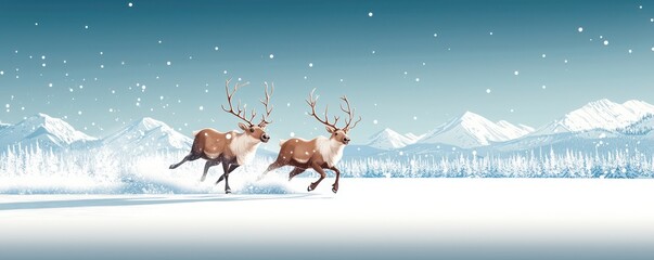 Reindeer running through snowy landscape christmas holiday theme winter wonderland viewpoint festive spirit