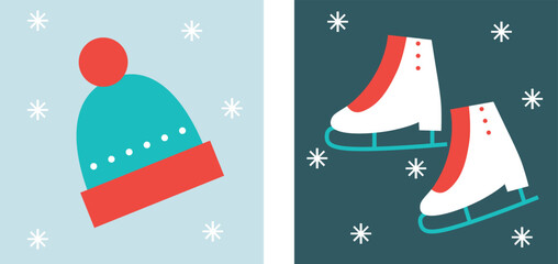 Cozy Winter Icons Set Flat Vector Christmas And New Year Illustration Ice Skates Cocoa Mug Mittens Snowflakes Gifts Holiday Elements Minimal Festive Design Warm Winter Collection For Web And Print
