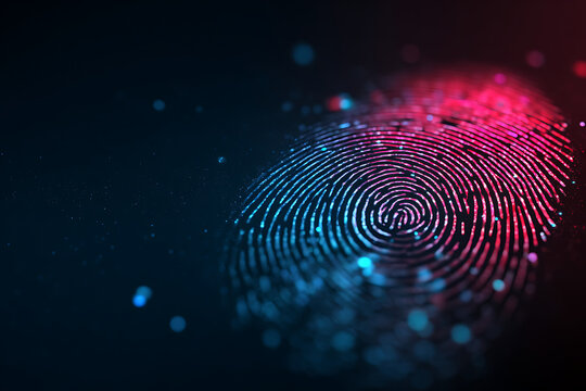 Dynamic digital fingerprint scan glowing with vibrant blue and red light symbolizes identity verification and advanced security technology for modern innovation