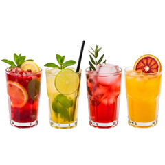 Fototapeta premium Four refreshing and colorful cocktails garnished with fruits and herbs on a white background.