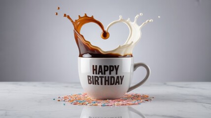 Splash of coffee and milk forms a heart shape in a cup celebrating a special day