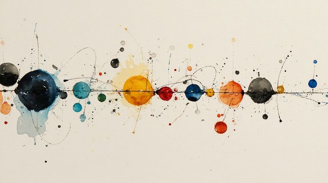 Watercolor art circular orbs in a line with splashes of color on a plain backdrop