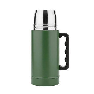 Green travel thermos with handle and steel cup a vacuum flask for hot drinks during camping