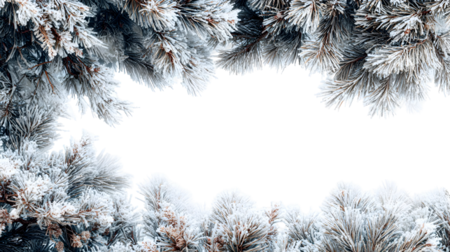 Snow covered pine branches creating a winter natural frame design