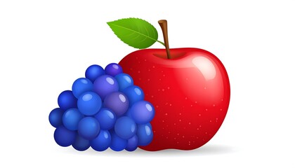 A shiny red apple with green leaf and a cluster of purple grapes