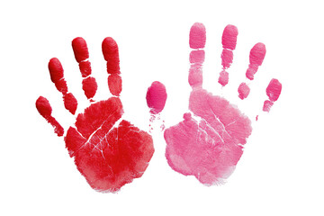Two handprints, red and pink, on a black background.  One handprint slightly larger than the other.  Visible details of finger ridges