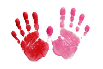 Two handprints, red and pink, on a black background.  One handprint slightly larger than the other.  Visible details of finger ridges
