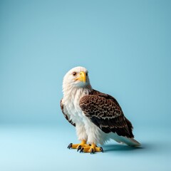 Obraz premium Baby bald eagle up close, set against a blue background, showcasing white head plumage and focused gaze.