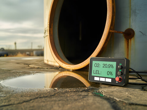 A portable gas detector showing safe oxygen and LEL levels beside an open industrial pipe or confined space, highlighting workplace safety and atmospheric monitoring.