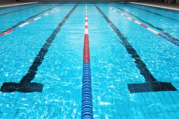 Obraz premium Captivating indoor swimming pool with vibrant blue water highlighted by colorful lane markers creating a sense of dynamic movement and restful ambiance captured with clarity