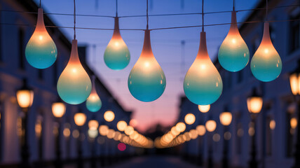Teardrop shaped hanging lights in gradient blue and orange glow over a blurred street at dusk