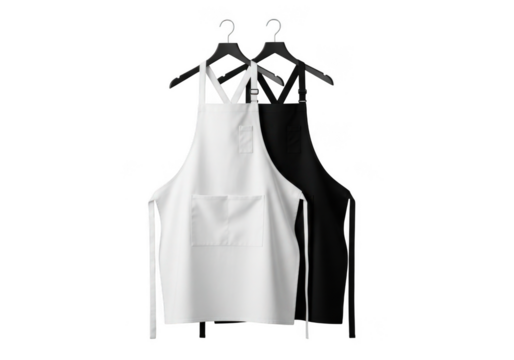 Two chef aprons one white and one black hanging on hangers isolated on transparent background