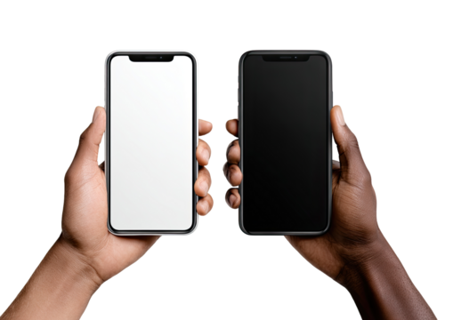 Two black hands hold smartphones, one white screen, one black screen