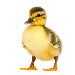 Adorable baby duckling standing alone, isolated on a white backdrop