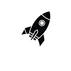 Black rocket ship icon with fins and circle window