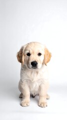 Adorable Golden Retriever puppy sits against a plain white background