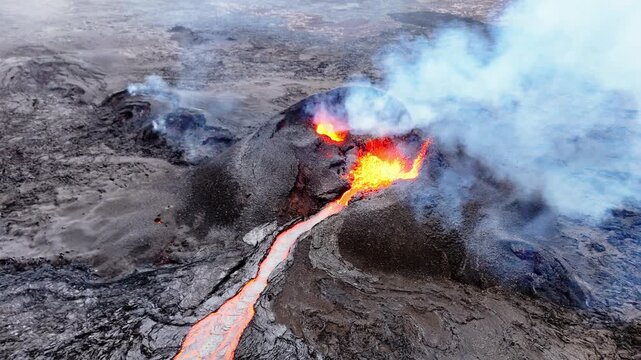 A raw, primordial scene capturing the elemental forces of creation. Liquid fire flows over solid earth, representing transformation, change, and the very beginning of the world.
