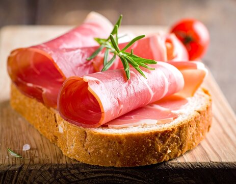 Close-up of sliced cured meat rolls on crusty bread, garnished with sprigs and small tomatoes. Wooden cutting board - Powered by Adobe