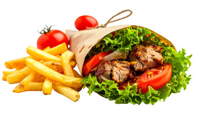 Delicious wrapped sandwich with fries and tomatoes on the side