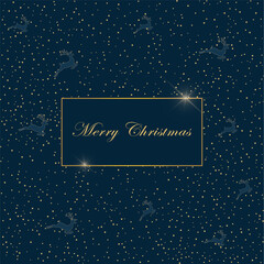 Greeting card with small christmas dears. Christmas golden deer on dark green background with golden snowflakes. Vector illustration. Gold pattern