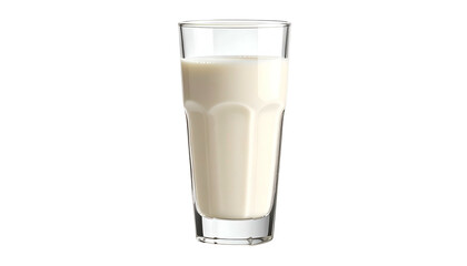 A tall, clear glass is filled with opaque, creamy white liquid against a black background