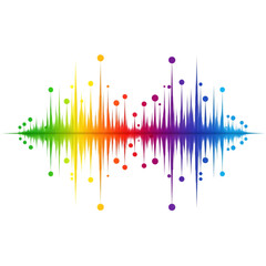 Colorful sound wave illustration with rainbow spectrum and dots on white background.