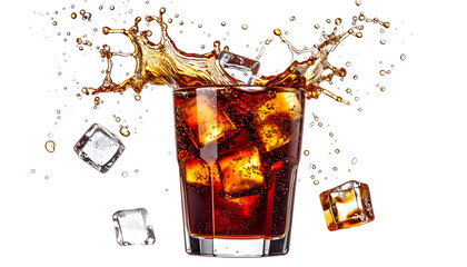 Dark beverage with ice cubes in a glass, splash effect, black background, dynamic composition