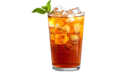 Tall glass filled with iced tea, ice cubes, and garnished with fresh green sprigs
