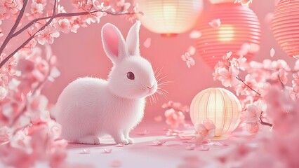 Obraz premium A charming illustration of a white bunny amidst cherry blossoms and glowing lanterns, evoking a sense of tranquility and celebration. The scene radiates a soft, inviting atmosphere.