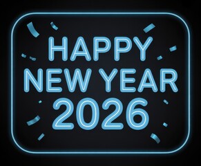 Bright blue neon sign happy new year 2026 celebration with confetti