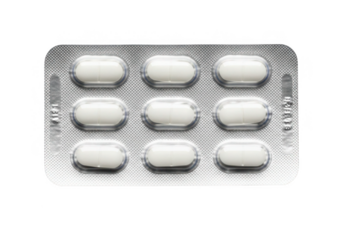 A blister pack containing nine white oval shaped pills isolated on transparent background